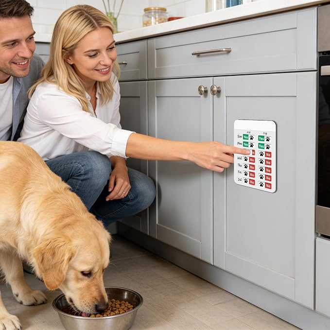Dog Fed Sign, Dog Feeding Reminder with AM/PM Slider & Custom Notes Area, Weekly Pet Feeding & Pill Reminder Tracker for Family, Easy to Use on Fridge or Wall with Adhesive and Magnet, Pet Supplies