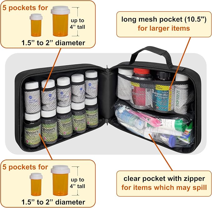 Large Pill Bottle Organizer & Medicine Bag for Travel | Prescription bottle organizer with 10 bottle pockets and padded storage for medication bottles, supplements, vitamins