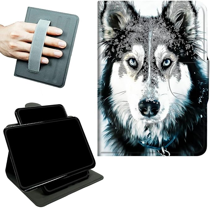 Rotating Handle Case for Samsung Galaxy Tab A 10.1" 2019 SM-T510/T515/T517, 360 Degree Swivel Kickstand with Magnetic Closure Leather Protective Cover for Women Men, Huskies in Snow