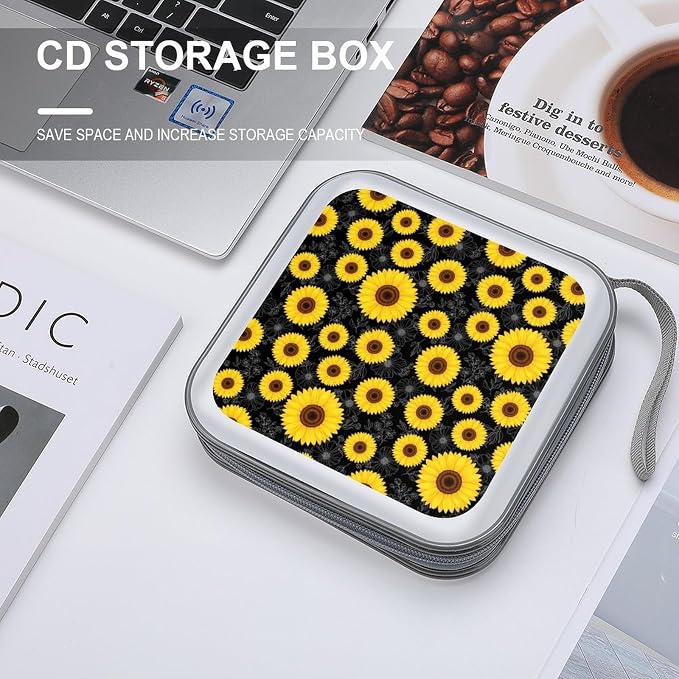 Portable 40-Disc CD Storage Binder Floral Sunflower Black, Hard Case Wallet with Handle, Protective Organizer for Movies Music Travel