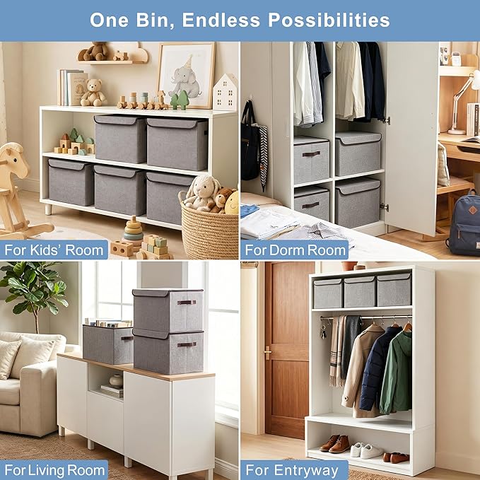 Large 22 Quart Linen Fabric Foldable Storage Bin Cube Organizer Basket with Flip-Top Lid & Handles, Clothes Blanket Box for Home, Office, Closet, Gray, 4 Pack 14.6 x 9.5 x 9.5”