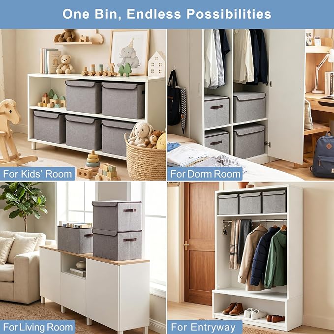 Large 17" 42 Quarts Collapsible Stackable Storage Bins with Lids [3-Pack] Foldable Fabric Linen Storage Boxes Cube, Closet Organizer Baskets with Label for Home (16.7 x 12 x 12, Gray)