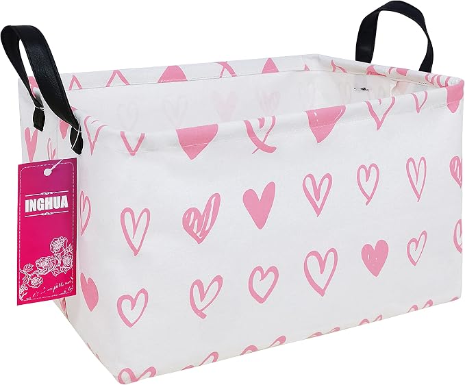 Rectangular Pink heart Storage Basket | Gifts Bag for Books,Clothes,Gifts,Pets-Perfect for Home,Office,Nursery,Dorm,Shelf