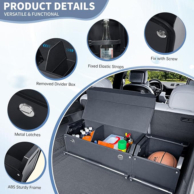 Leather Car Trunk Organizer SUV Trunk Organizer Car Trunk Storage Organizer | Large Trunk Organizer with Lid and Sturdy Handle Car Cargo Storage Box (Black, 41 x 11.4 x 12.2in)