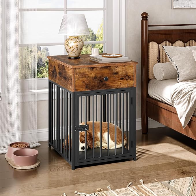 HOOBRO Dog Crate Furniture, Wooden Dog House, Decorative Dog Kennel with Drawer, Indoor Pet Crate End Table for Small Dog, Steel-Tube Puppy Cage, Chew-Proof, Rustic Brown and Black BF01GW03
