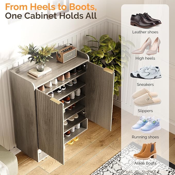 VINGLI Shoe Cabinet with Fluted Doors, 6 Tier Large Wooden Entryway Shoe Storage Cabinet with Adjustable Shelves,44.5" Tall Modern Freestanding Shoe Rack Organizer for Entryway, Hallway,Gray Oak