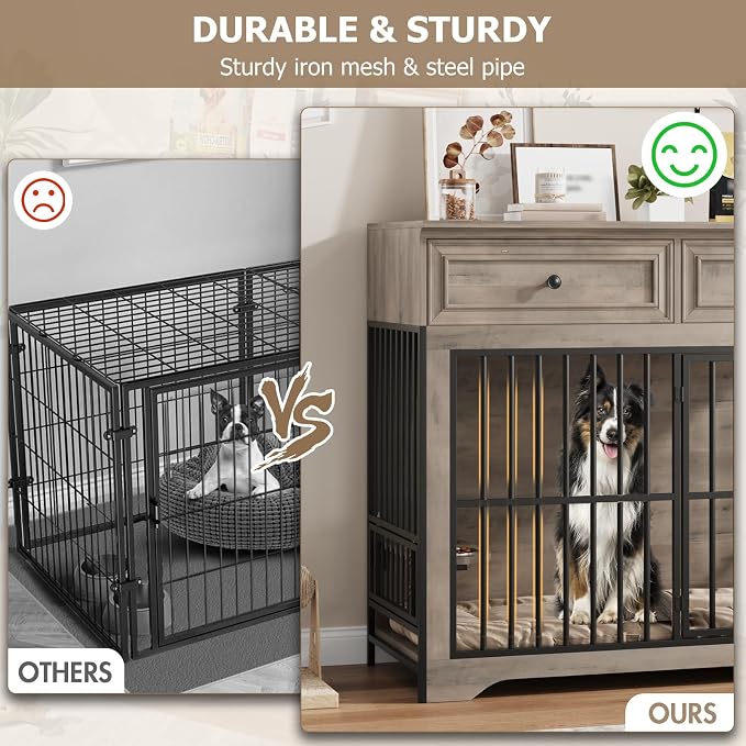 QUW 42" Modern Dog Crate Furniture, Wooden Dog Kennel, Grey | Medium to Large, 360° Rotating & 3-Levels Adjustable Height Dogs Bowl Holder, Decorative Dogs Cage Pet House Indoor