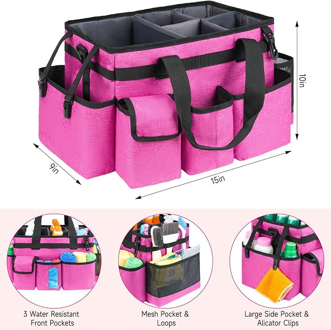 Cleaning Caddy Bag,Large Cleaning Supplies Organizer with Handle for Housekeepers,Rose Red