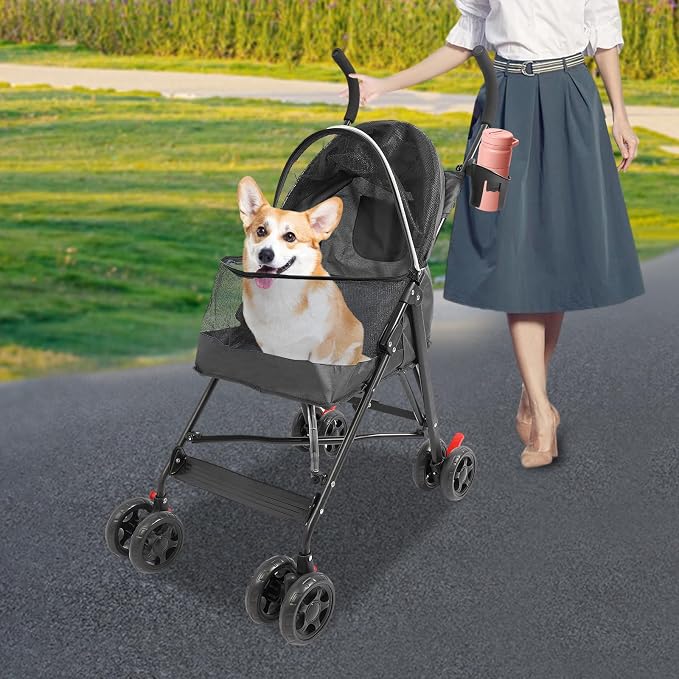 4 Wheels Pet Stroller with Waterproof Cover | Easy-Fold Travel Carrier | Pet Strolling Cart for Small/Medium Dogs and Cat | with Storage Pocket, Cup Holder & Breathable Mesh | for All-Season (Black)