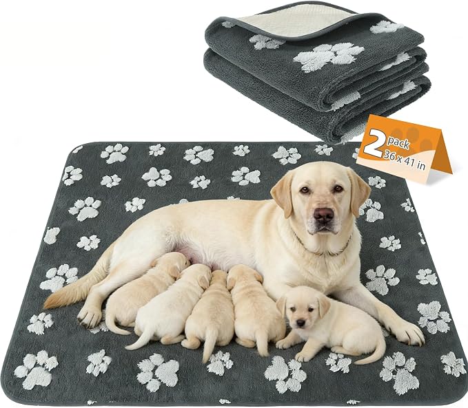 Washable & Waterproof Dog Whelping Pad for Large Dogs, 36x41in Super Absorbent & Soft Warm Plush Puppy Pads Potty Training, Quick Dry Reusable Pet Mats for Whelping Box Supplies,Playpen,Crate