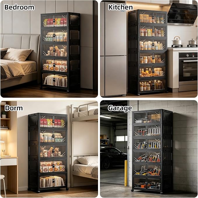 5-Tier Foldable Storage Cabinet with Wheels & Lid, 242QT Large Stackable Organizer, No Tool Required, Storage Cabinet for Garage, Home Office, Pantry, Kitchen, Dorm