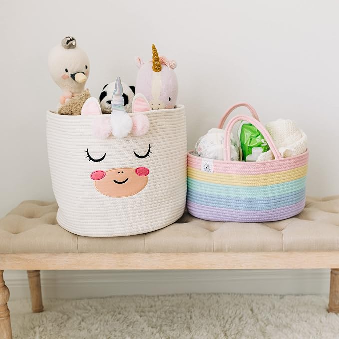 OrganiHaus Pastel Rainbow Rope Diaper Caddy Organizer, Nursery Basket | Woven handles; a toy bin, laundry bin, or newborn essentials storage; great for car, baby shower gifts, or bedroom decor