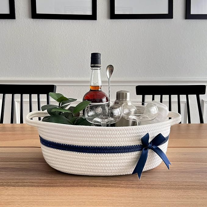 CHICVITA Small Woven Rope Gift Basket, Decorative Shelf Basket, White Blue | 13" x 10" x 5" Storage Baskets for Toys & Baby Essentials, Fits Nursery & Bedroom Organization, Built-In Handles, Bow Design