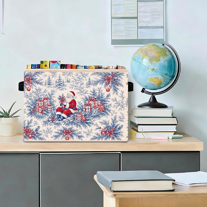 Blue Santa Toile Storage Bin, Christmas Organizer | Blue toile Santa storage bin with gifts, bows, pine branches, and ornaments for holiday toys, books, clothes, and shelves.