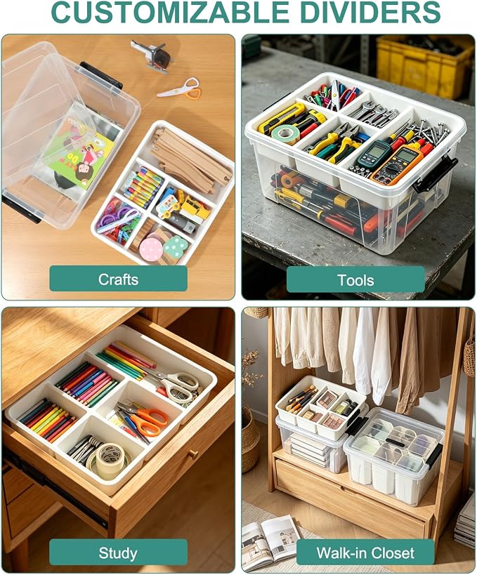 AREYZIN 17QT Clear Storage Bins with Lids & Dividers for Crafts | Stackable 17-quart transparent box featuring 6 tall removable inserts. Perfect for organizing crafts, tools, toys & crayons