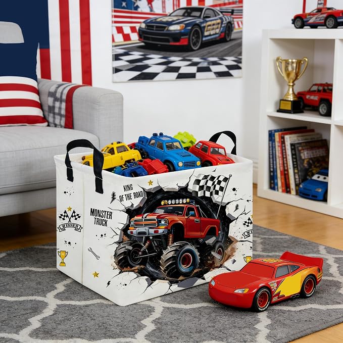 Rectangular Monster Truck Basket,Racing Car Storage Baskets,Cute Basket for kids with Handles,Kid Room Decor Gift,Car Room Decor,Book baskets(Monster Truck)