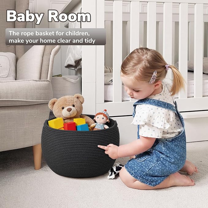 Goodpick Large Toy Storage Basket for Kids, Round, 15.7" x 10.5", Black | Woven Rope Basket with Handles, Holds Blankets, Toys & Baby Shower, Decorative Basket for Living Room & Bedroom Décor