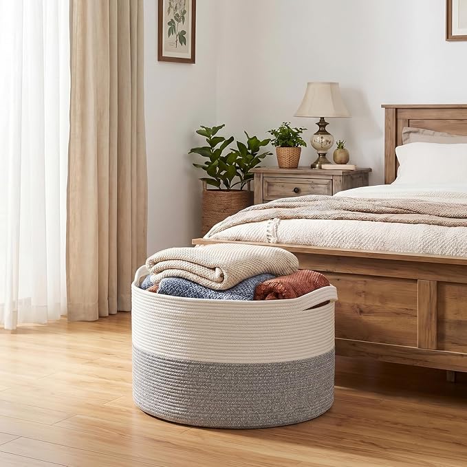 OIAHOMY 90L XXXLarge Blanket Basket for Living Room, 21.7" x 13.8" Woven Cotton Rope Laundry Basket for Organizing Pillows, Decorative Stuffed Animal Toy Storage for Nursery, White and Light Grey