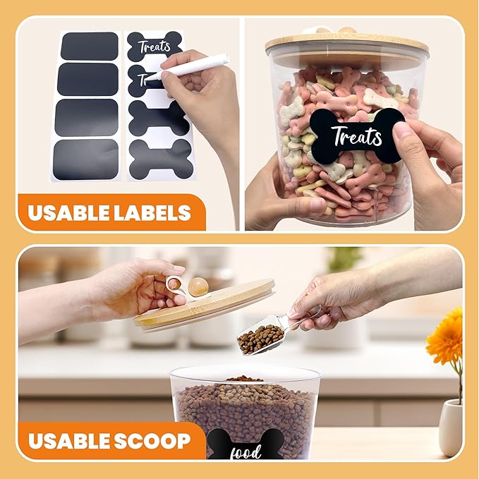 HOYTAMDAR 3 Pack Airtight Dog Treat Containers Bamboo Lids, Dog Treat Jars | Dog Food Storage Container with Scoops, Clamps, Labels and Marker, Dog & Cat Treat Holder