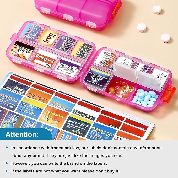14 Grids Travel Pill Organizer Box with 415-Pcs Medicine Name Labels - Pocket Daily Pharmacy Case Container Kit - Travel Medication Holder Dispenser for Fish Oil Vitamin Supplement Storage -Clear Pink