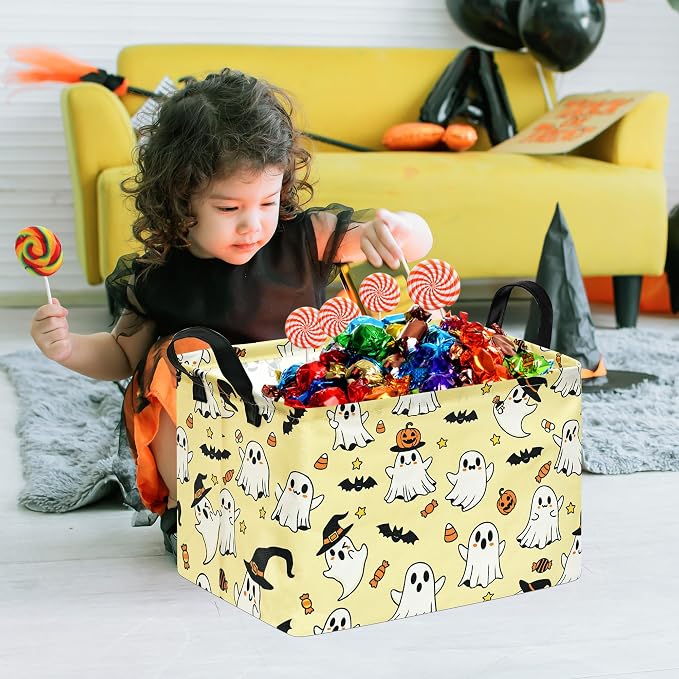 Halloween Basket Yellow Pumpkin Ghost Storage Toy bin For Boys Girls Kids | Foldable Storage Basket ,Waterproof Organizer Bin,Pumpkin Bat Pattern Nursery Hamper, Halloween Decor,Collapsible Organizer