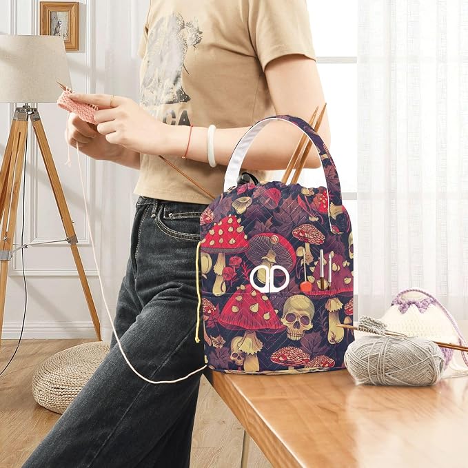 Fustylead Red Amanita Mushrooms Fall Leaves and Skulls Crochet Drawstring Organizer, Large Yarn Bag Storage Tote Basket for Crocheting On The Go, Kit Holder, Gift for Knitter, Crochet Beginner