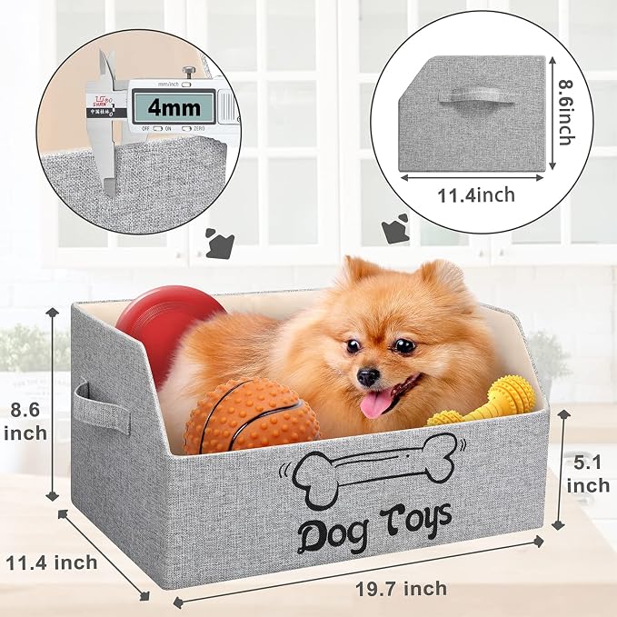 2X Thicker Large Dog Toy Basket, Collapsible Pet Dog Toys Storage Bin Box | Fabric Trapezoid Dog Toy Organizer With Handle for Small Medium Dog for Pet Toys, Blankets and Accessories
