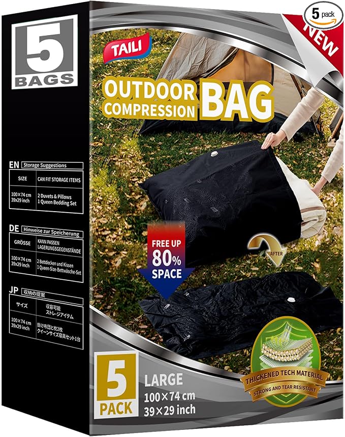TAILI 5 Pack Outdoor Vacuum Storage Bags,Travel Compression Bags 39x29 inch | Tear-Proof Vacuum Seal for Camping, Cushion, Clothing, Waterproof, Wearproof, Punctureproof