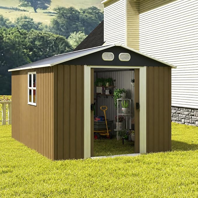 8x12 FT Outdoor Storage Shed, Metal Storage Shed with Lockable Door & Air Vents, Heavy-Duty Storage Tool Shed for Garden, Lawn, Backyard, Brown