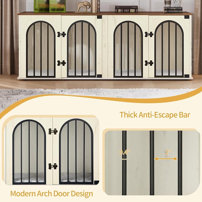 Hzuaneri 63" Double Dog Crate Furniture, Dog Kennel Indoor with Cushion | Heavy Duty Dog Crate Furniture for 2 Dogs,Dog Cage End Table TV Stand with Divider for Med-Large Dogs,White Brown DFC80914BV1
