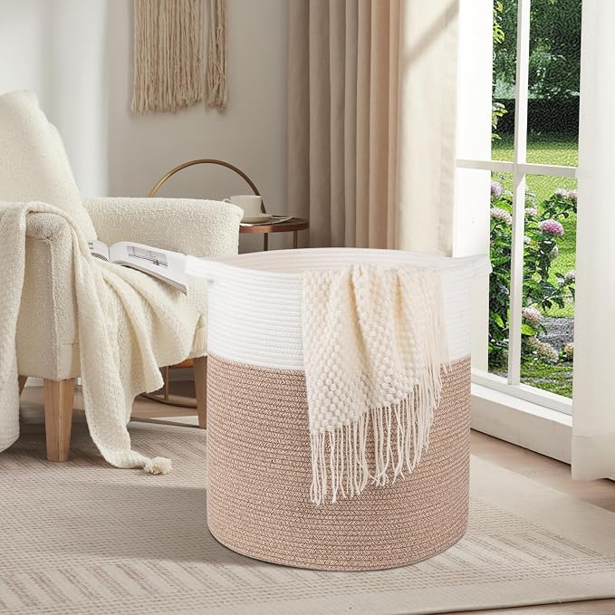 OIAHOMY 80L Laundry Basket Laundry Hamper Nursery Hamper Brown&White | Tall Dirty Clothes Hamper with Handle,Blanket Basket,Decorative Basket for Living Room,Storage Basket,Toy Storage