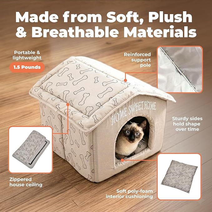 Best Pet Supplies Cat Bed for Indoor Cat, Domed Tent House with Removable Pillow, Covered Cat Cave for Small Dog, Puppies and All Breeds of Cats - Light Brown w/ Bones, 16 x 16 x H:14"
