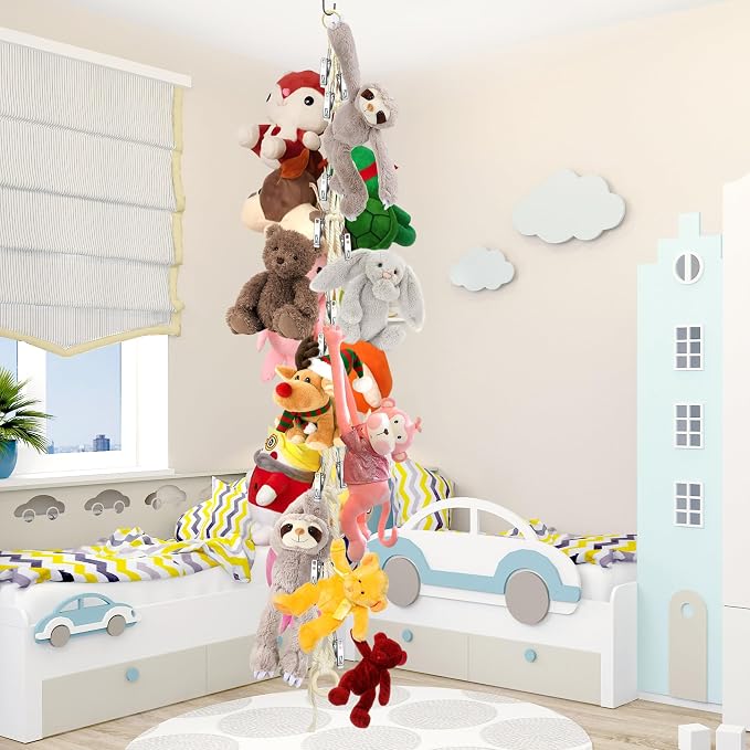 Stuffed Animal Storage Hammock Corner Hanging Stuffed Animal Holder | Boho Stuffed Animal Organizer Chain with 20 PCS Metal Clips for Hanging Hats Socks Holiday Cards