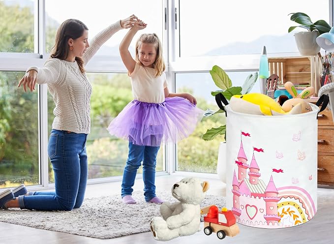 MAIZMZ Pink Castle Storage Bins Organizer Toy Box Laundry Basket Large Canvas Collapsible Chest for Home/Dorm/Kitchen/Pet/Office/Closet/Shelf/Gift Baskets