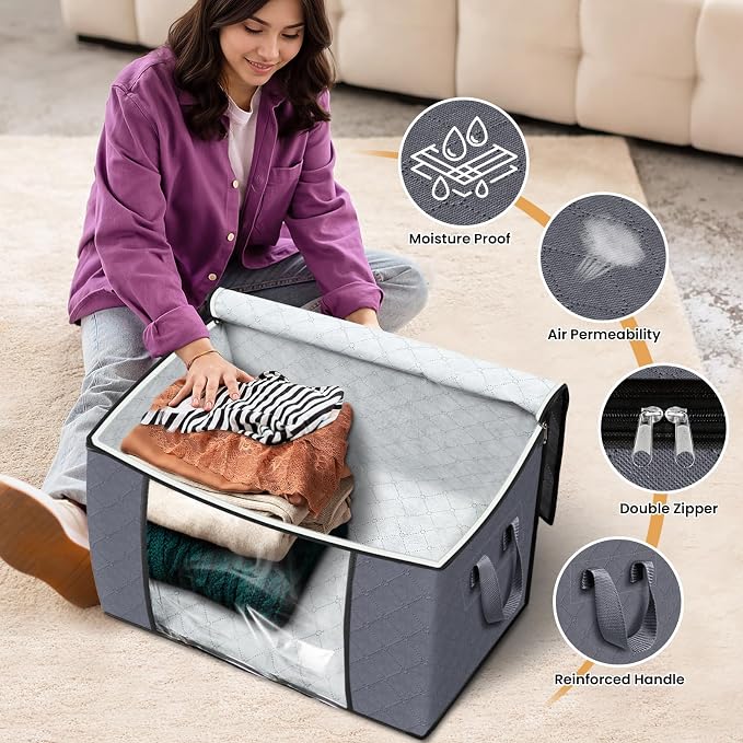 90L Clothes Storage, Foldable Thick Fabric Blanket Storage Bags | Foldable Containers with Zippers,Window and Handles for Organizing Bedroom, Closet, Comforter, Bedding,Dorm essentials