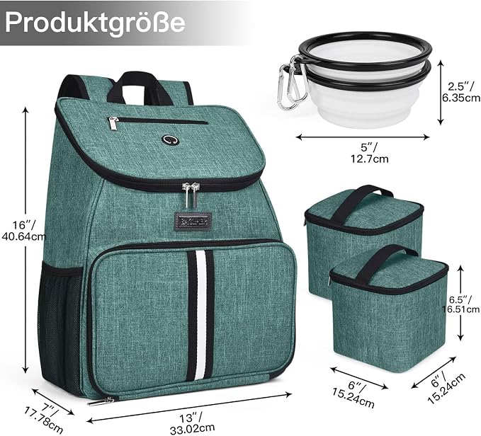 BAGLHER丨Dog Travel Bag, Airline Approved Pet Supplies Backpack, Dog Travel Backpack Accessories Set with 2 Silicone Collapsible Bowls and 2 Food Baskets. Green