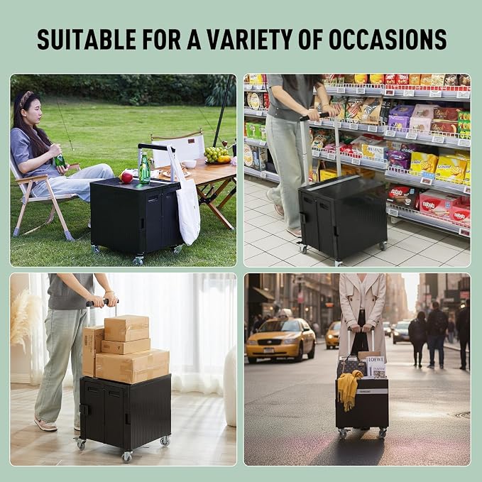 Folding Utility Cart Portable Rolling Crate Handcart Shopping Trolley Collapsible Tool Box, with Lid, on Rotate Wheels, for Grocery, Shopping, Office, Teacher, Camp,File (Black)