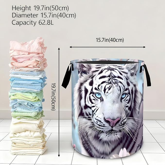 Elegant Tiger Cherry Blossom Laundry Basket,Dirty Clothes Hamper,Majestic Animal Floral Storage Bin Gifts,Waterproof Oxford Cloth Baskets for Bathroom,Bedroom,Home Decoration(19.7" x 15.7")