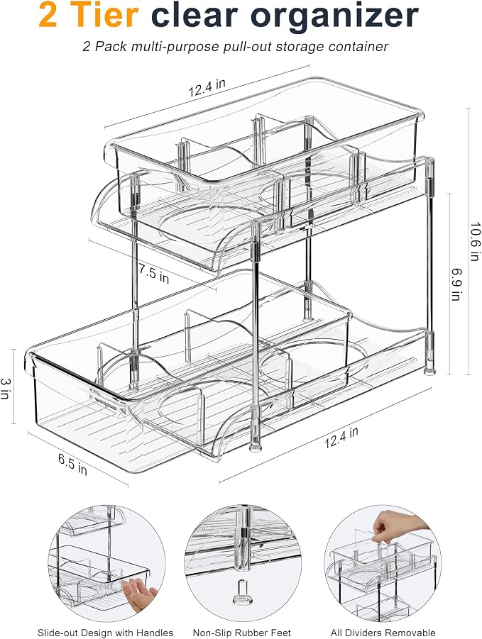 2-Pack 2-Tier Under Sink Organizers with Sliding Drawers | Multi-use kitchen & bathroom storage, 10.6 inch clear cabinet organizer, space-saving sliding drawer design.