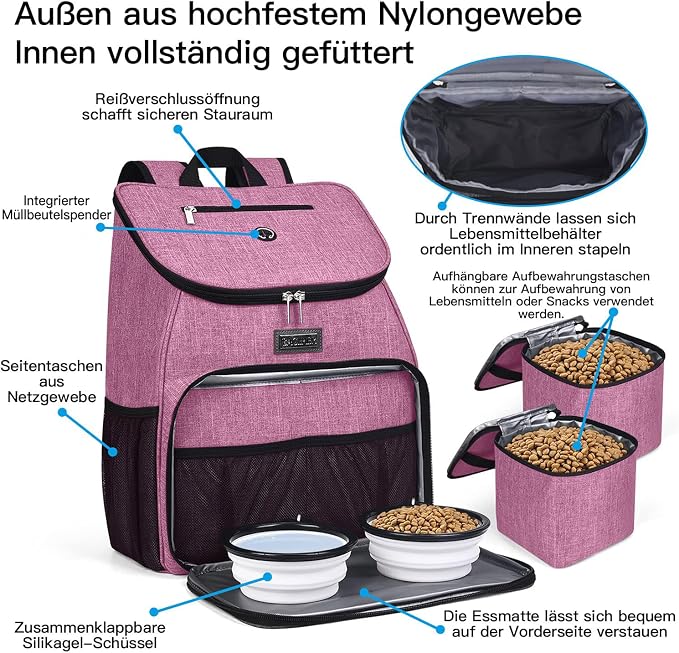 BAGLHER丨Dog Travel Bag, Airline Approved Pet Supplies Backpack, Dog Travel Backpack with 2 Silicone Collapsible Bowls and 2 Food Baskets