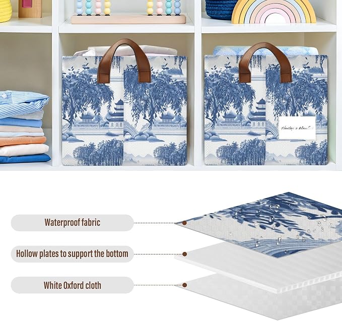 Blue and White Porcelain Pavilions Willow Tree Storage Bins for Shelves with Labels&Handles Fabric Organizer Bin Foldable Rectangle Storage Basket Boxes for Closet, Bathroom, Home, Living Room, 2 Pack