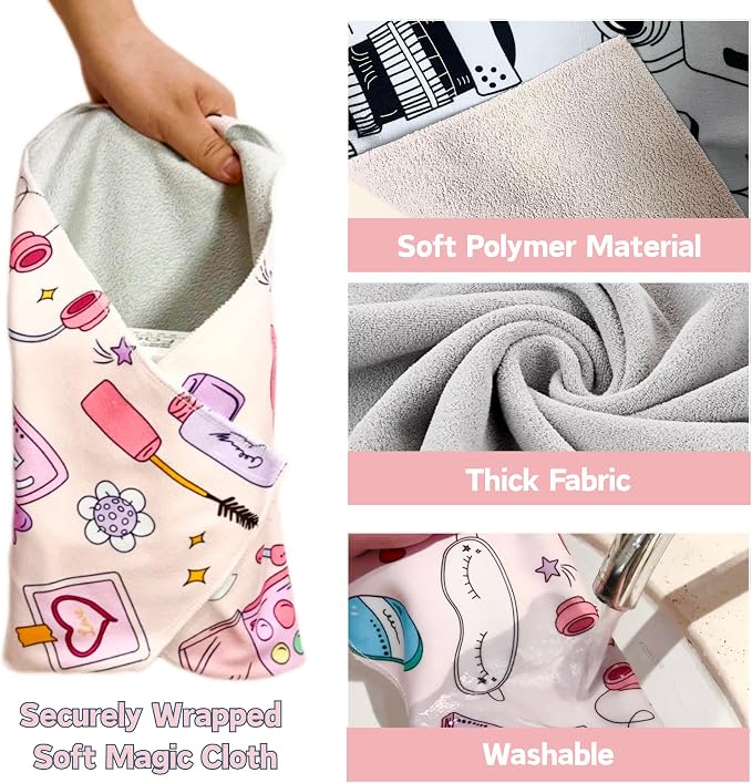 Self-Adhesive Magic Cloth Makeup Bag & Multi-Use Organizer|17.7"x17.7" Portable Travel Cosmetic Bag, Camera Lens Protector, Laptop Sleeve|Beauty Cuties Design Reusable Washable Storage Wrap