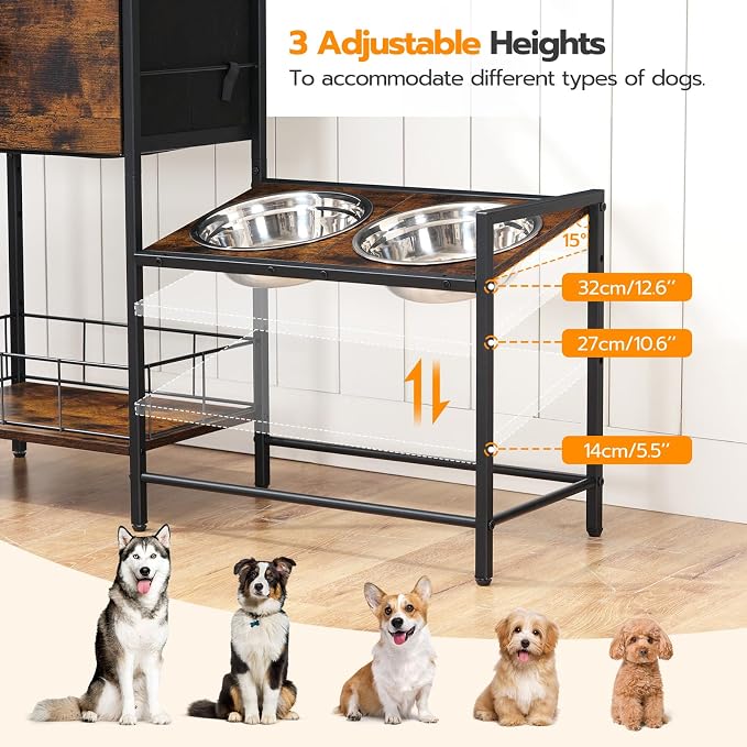 HOOBRO Elevated Dog Bowls Stand with Drawer, Height Adjustable Raised Feeding Station Cabinet with Storage Basket, 4-IN-1 Pet Storage Organizer for Large Medium Breeds, Rustic Brown and Black BF22PO03