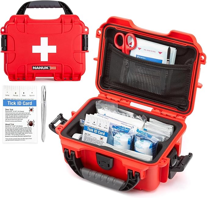 NANUK 903 - Small Waterproof First Aid Kit 78pcs – Pre-Stocked First Aid Emergency Kit with Bandages, Tick Removal Tool, and More – Dustproof, Impact-Resistant, Floats (7.4" x 4.9" x 3.1") – Red | Tick Removal Tool, More - Dustproof, Impact-Resistant, ...
