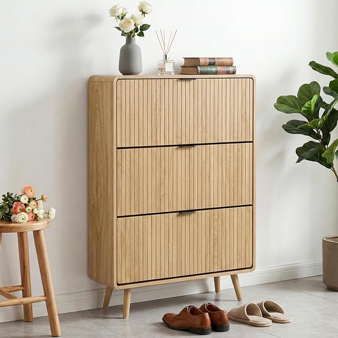FurSch Fluted Shoe Storage Cabinet with 3 Flip Drawers, Narrow Shoe Rack Cabinet Organizer with Adjustable & Removable Shelves for Entryway (All Natural, 3 Drawers)