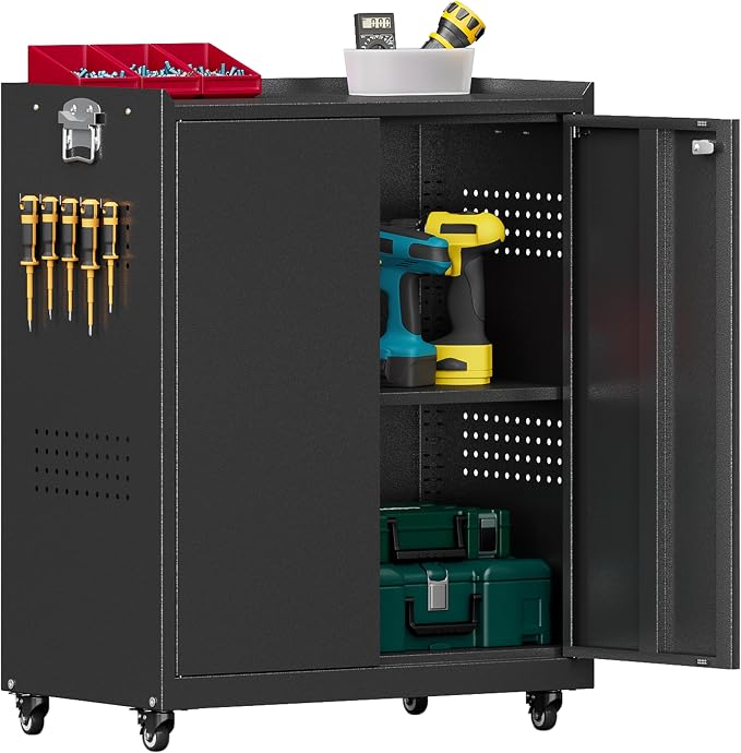 34''H Garage Storage Cabinet, Meatl Storage Cabinet with Lock | Tool Storage Cabinet, Steel Tool Cabinet with 2 Doors and Shelves for Garage, Warehouse, Assembly Required, Black