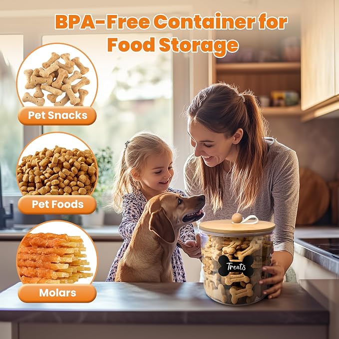 HOYTAMDAR 3 Pack Airtight Dog Treat Containers Bamboo Lids, Dog Treat Jars | Dog Food Storage Container with Scoops, Clamps, Labels and Marker, Dog & Cat Treat Holder
