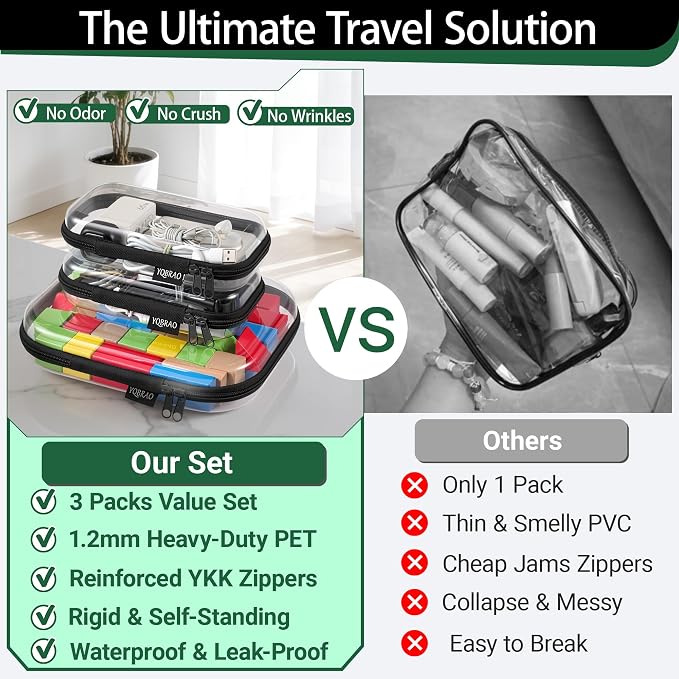 YQBRAO Clear Hard Shell Organizer Cases, Black, 3-Pack | Rigid 1.2 mm PET organizers with multi-size design for toiletries, travel storage, and everyday essentials