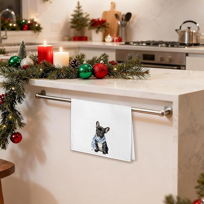 Chinoiserie Black French Bulldog Kitchen Towels 16x24 in, Black French Bulldog Gifts, Grandmillennial Scarf Frenchie Dog Decorative Hand Tea Dish Towels for Bathroom Kitchen