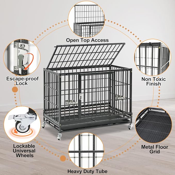 Homey Pet 37 Inch Heavy Duty Dog Crate for Medium Dogs | Stackable Dog Cage Kennel with Four Lockable Wheels, Removable Tray & Grid, Open Top, Escape Proof Dog Kennel Indoor